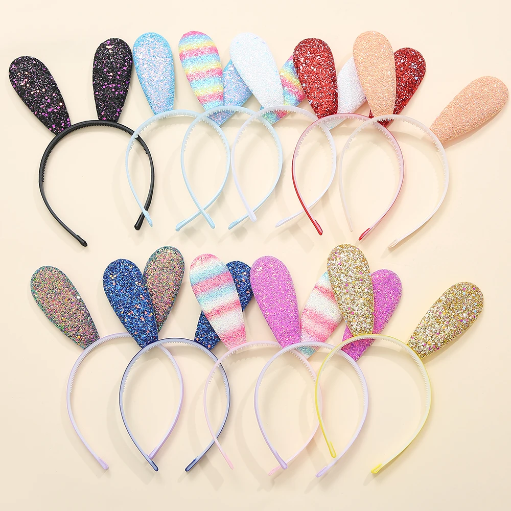 Bunny Ear Headbands Glitter Shiny Long Ears Hairband Rabbit Headband Shiny Glitter Hair Hoops for Women and Girls