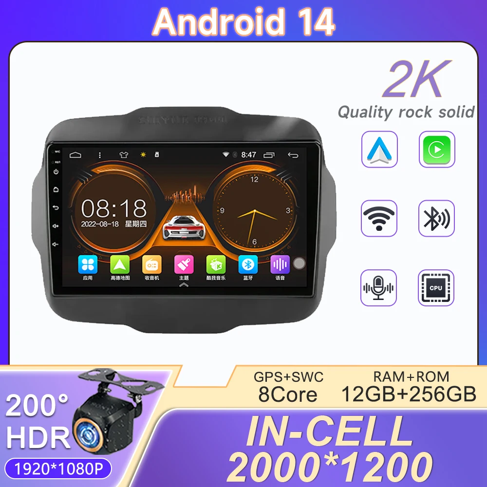 

2 Din Android 14 Car Radio Multimedia Video Player For Jeep Renegade 2016 - 2020 Stereo Navigation GPS 4G WIFI Carplay Auto QLED