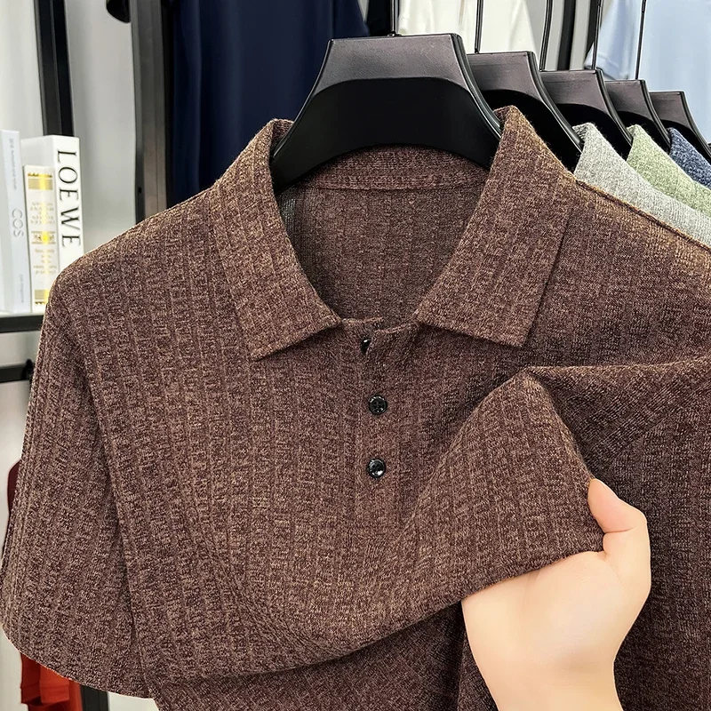 Mens Vertical Fine Rib Knit Three Button Placket Short Sleeve Polo Shirts Soft Stretch Breathable Business Casual Summer Tops