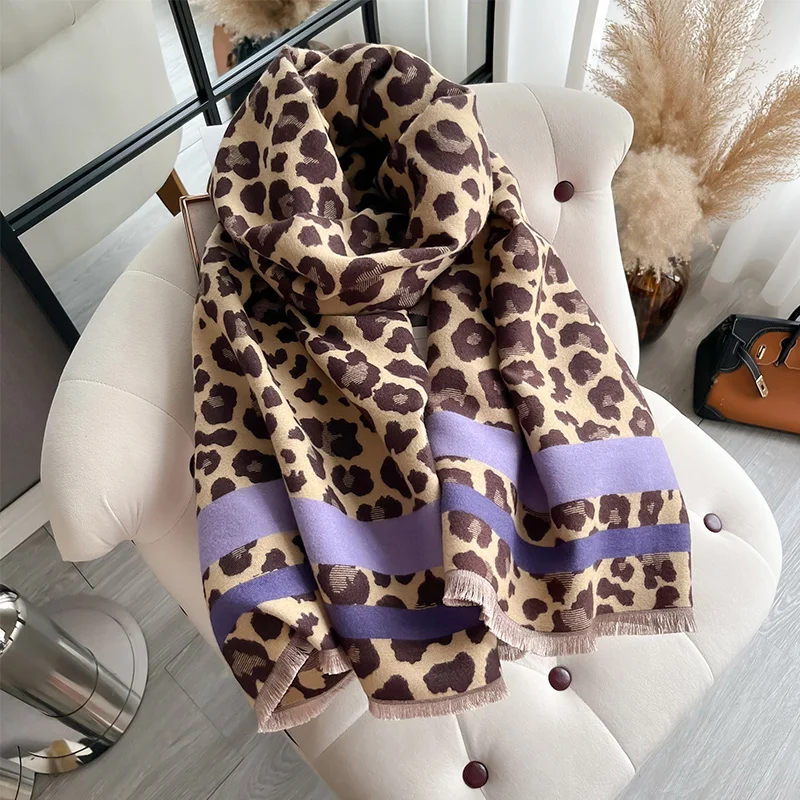 Luxury Leopard Design Scarf Imitation Cashmere Soft Warm Fringe Shawl Autumn Winter Coldproof Windproof Blanket Scarf