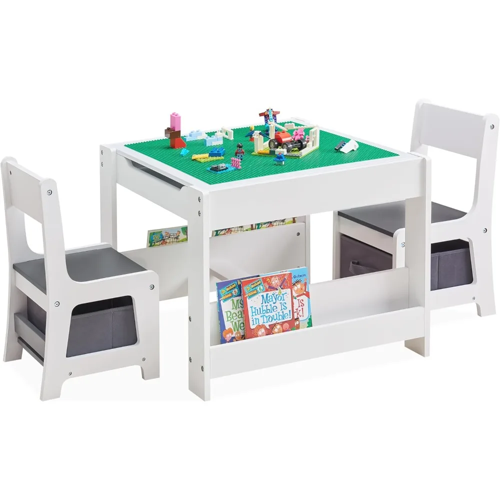 4 in 1 Wooden Activity Table with Bookshelves and Storage Drawer, 2 in 1 Detachable Tabletop Construction Play Table Set Drawing