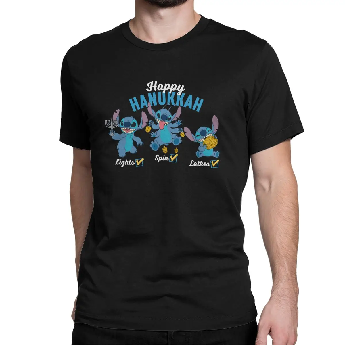 Stitch T-Shirts Men Women Happy Hanukkah Novelty 100% Cotton Tee Shirt Crew Neck Short Sleeve T Shirt Unique Tops