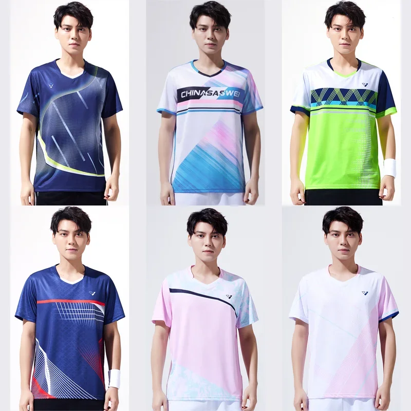 Uniforme de treino desportivo respirável masculino e feminino, conjunto de manga curta, secagem rápida, nova camisola de badminton, personalizada para completo