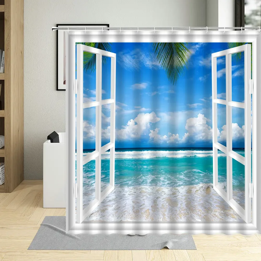 3D Window Beach Scenery Shower Curtain Palm Tree Sea Natural Landscape Bathroom Decor Polyester Cloth Hanging Curtains Sets