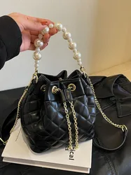 Fashion Beaded Bucket Bag For Women New Fashion Korean Chain Crossbody Bag Female Thread Soft PU Solid Color Small Bag