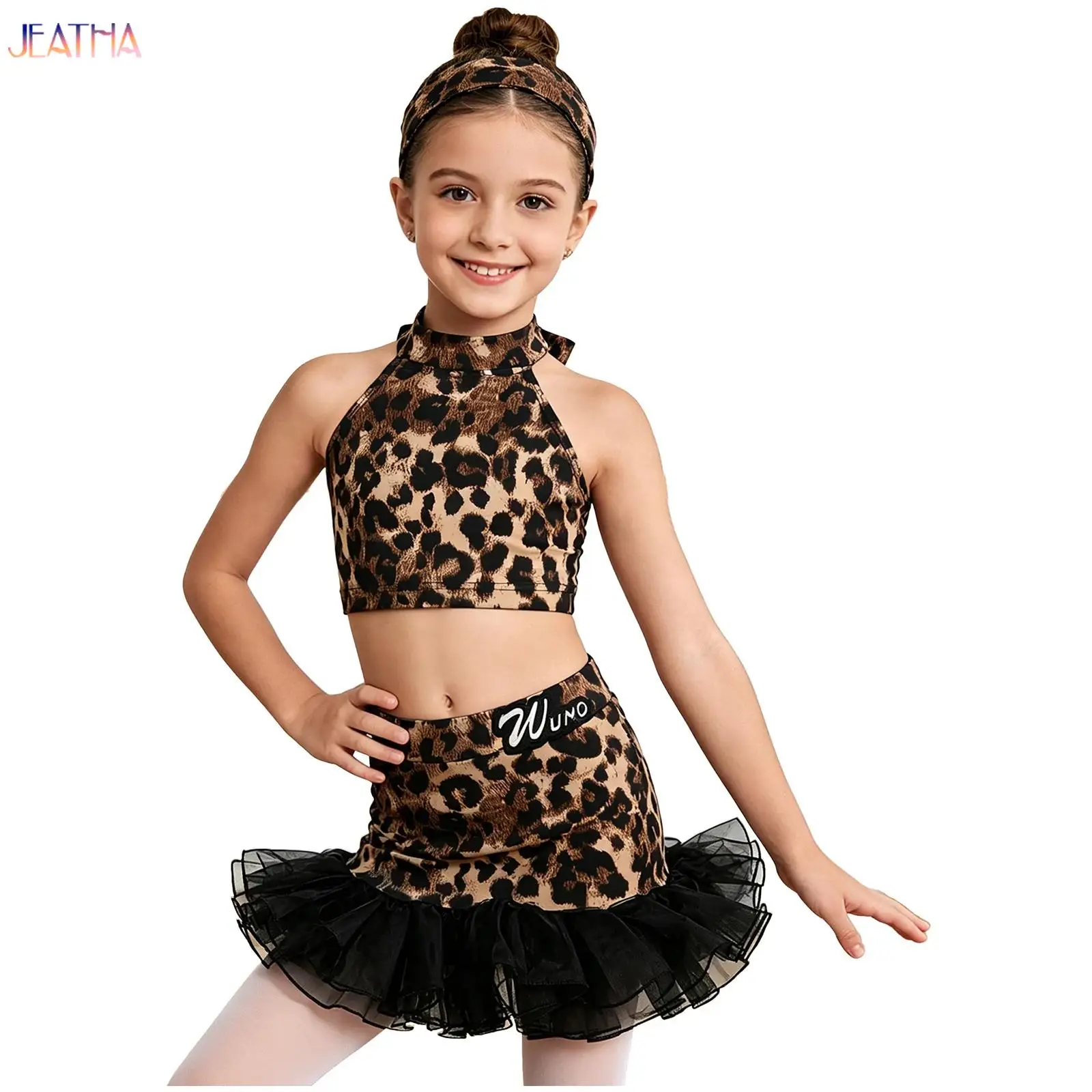 

Kids Girls 3-piece Leopard Print Latin Dance Outfit Halter Self-tie Sleeveless Crop Top with Ruffle Skirt And Headband Suits