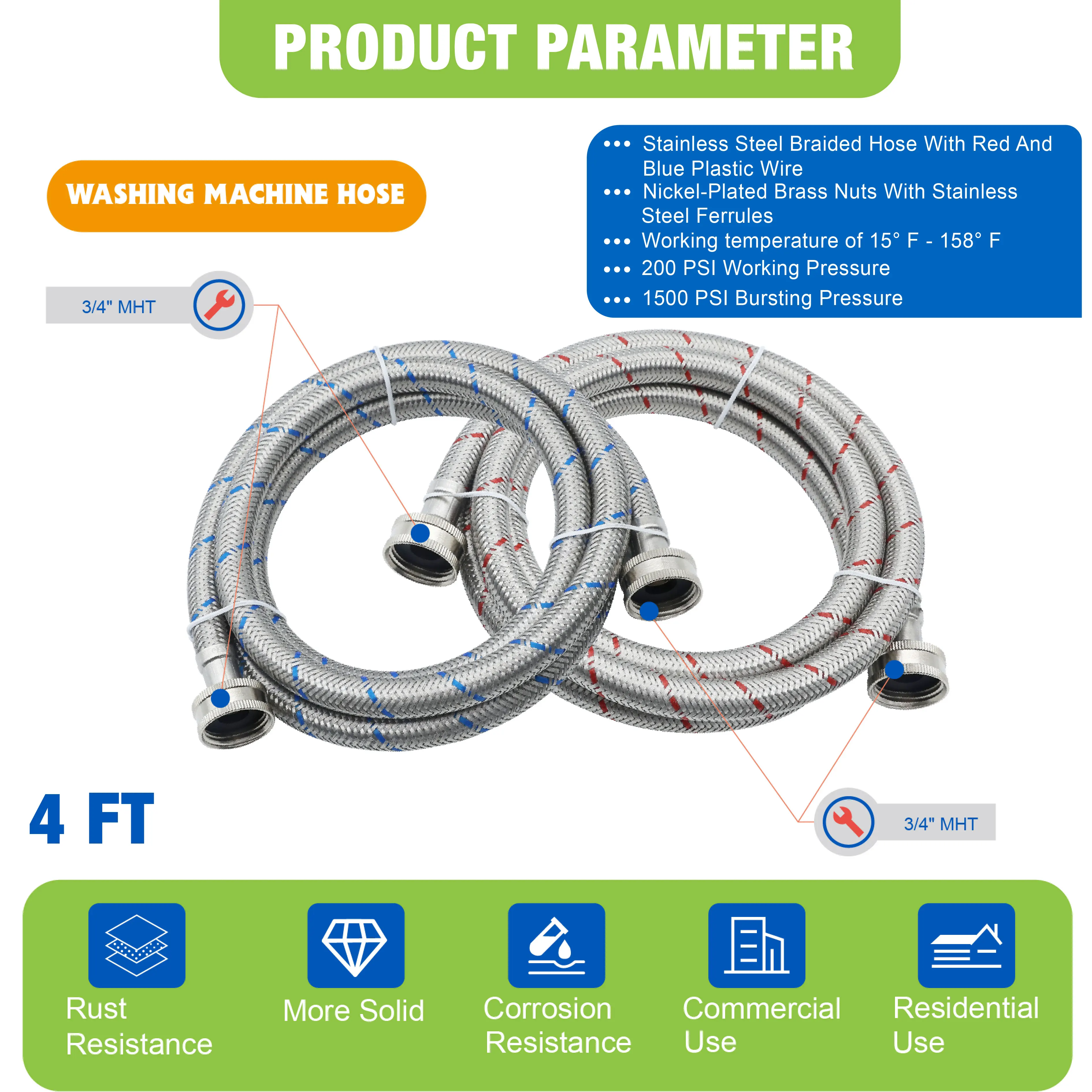 KING SMART 4 FT Washing Machine Hose; Premium Stainless Steel Braided; Burst Proof for Hot and Cold Water Supply Lines; 81020