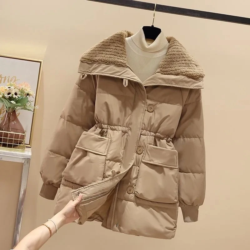 

2025 Internet Celebrity Hot Korean Version New Loose Casual Mid Length Down Cotton Jacket Warm Big Pocket Waist Jacket For Women