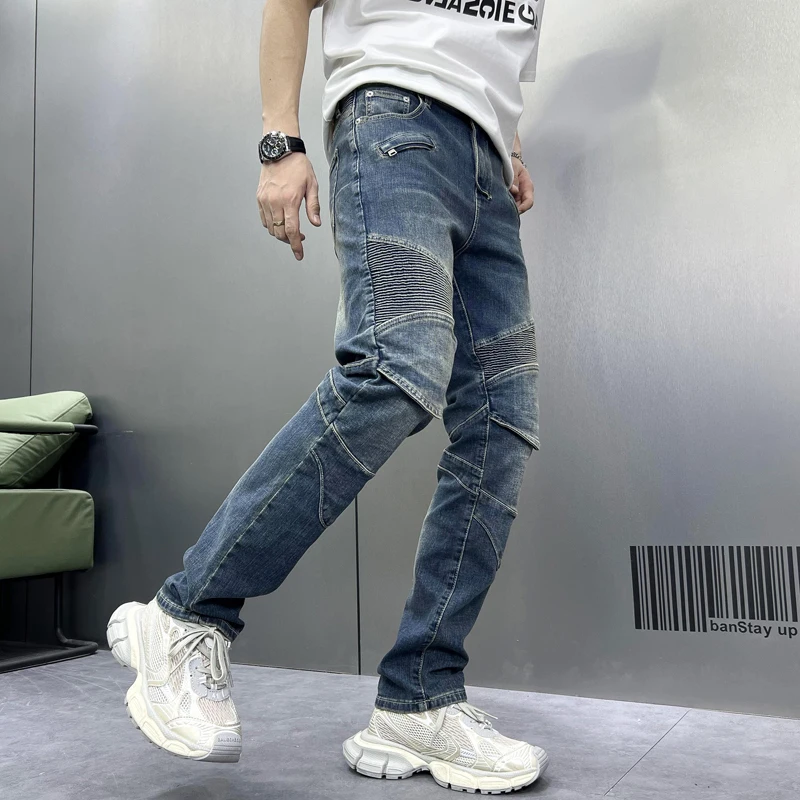 Blue retro biker's jeans for men2024new slim straight stretch casual patchwork pleated design long pants