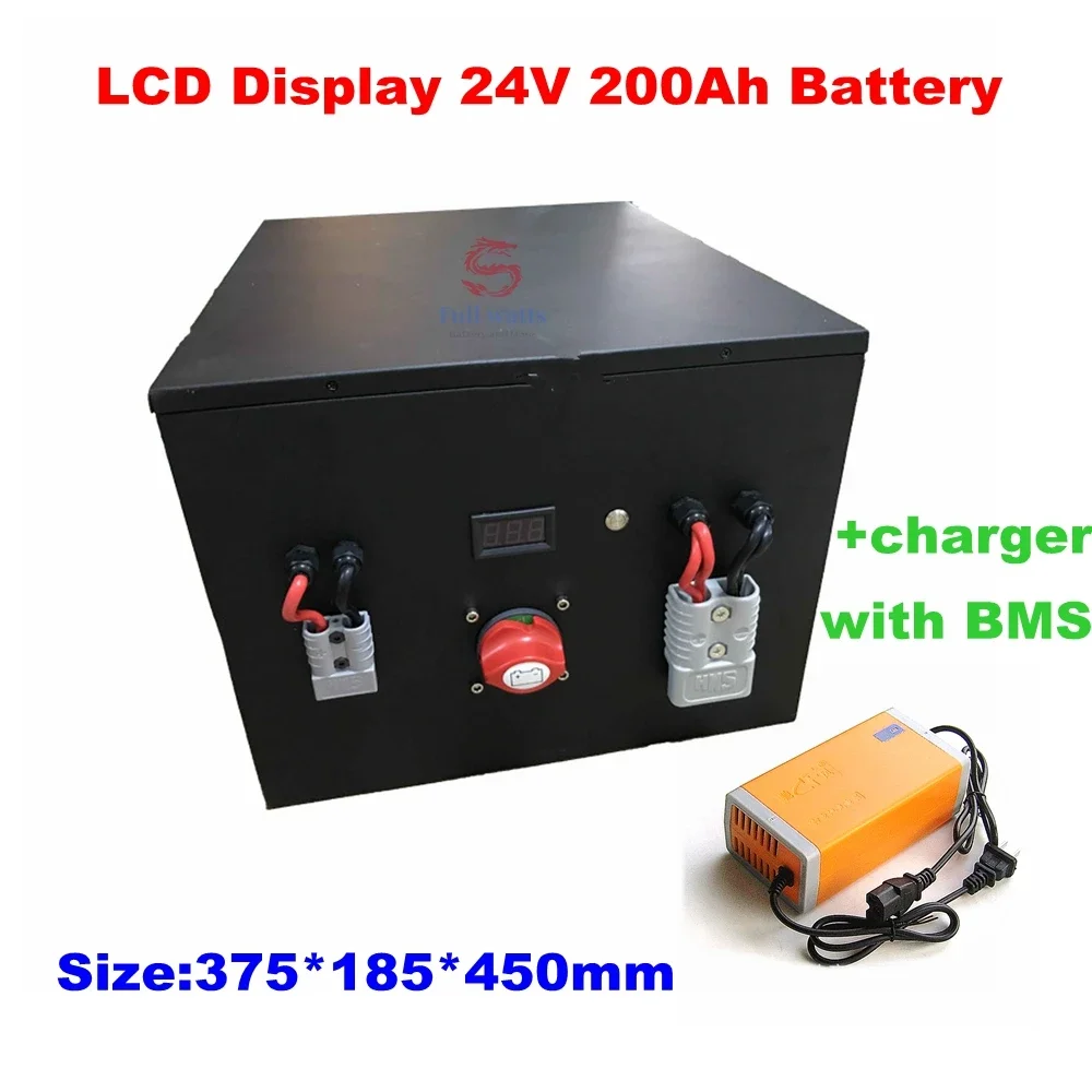 Batterie avec BMS pour stockage solaire, écran LCD, 24V, 200Ah, cellule Lifepo4, chargeur 20A, 8S2P, 3.2V, 100Ah