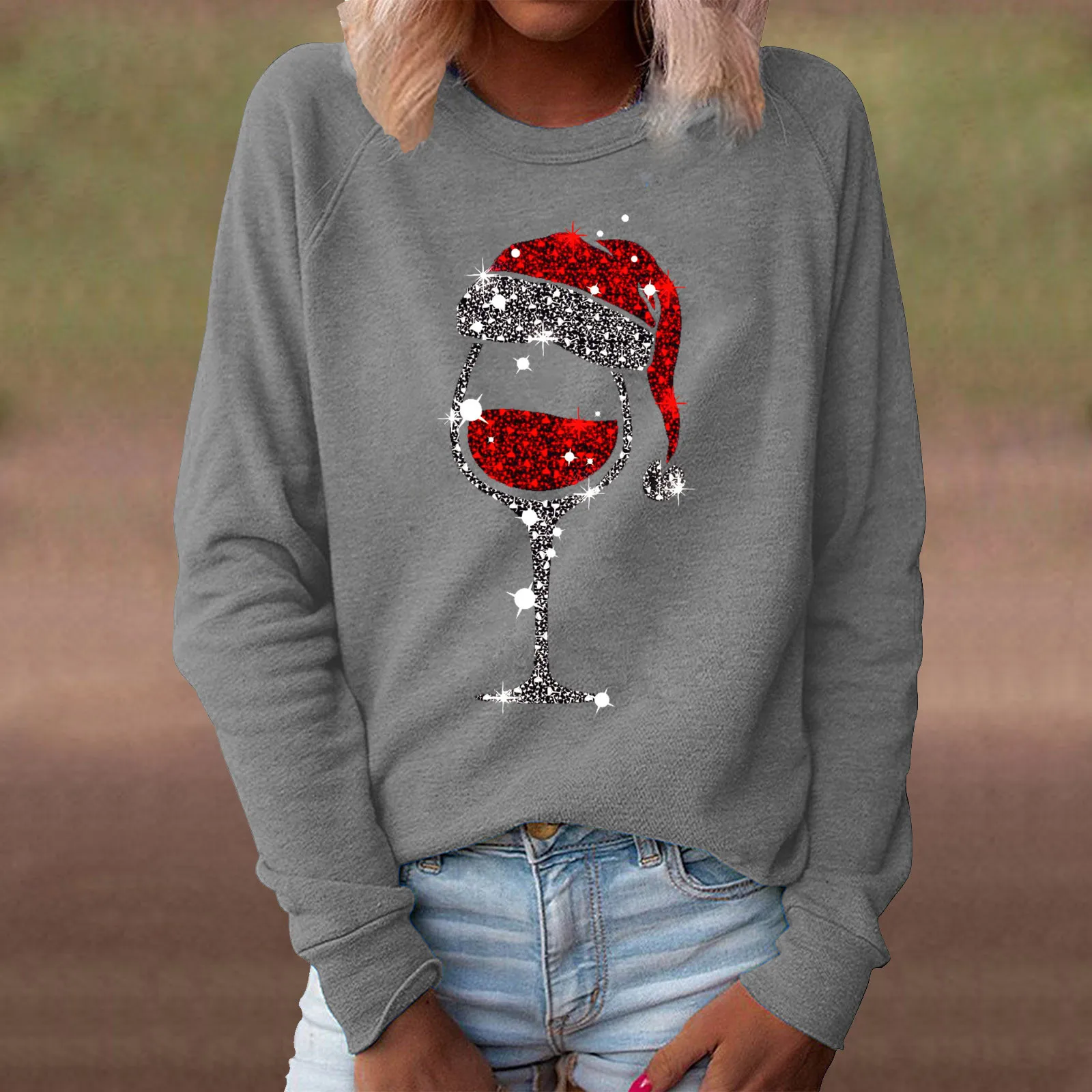 Christmas Print Red Wine Cup T-Shirt Women's Fashion Casual Round Neck Long Sleeve Pullover Sweater New 2023 Femme Clothing Tops