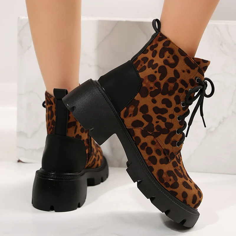 Mulheres botas de leopardo sapatos de plataforma chunky moda rendas até botas legal motocicleta zíper sapatos casuais ao ar livre sapato plus size 36-43