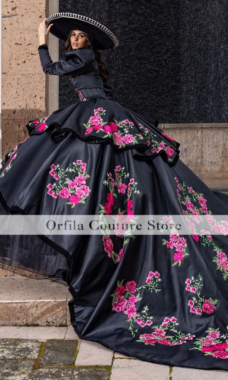Black Charro Quinceanera Dresses With Jacket Ball Gown Off Shoulder Appliques Puffy Mexican Sweet 16 Dresses 15 Anos Customized