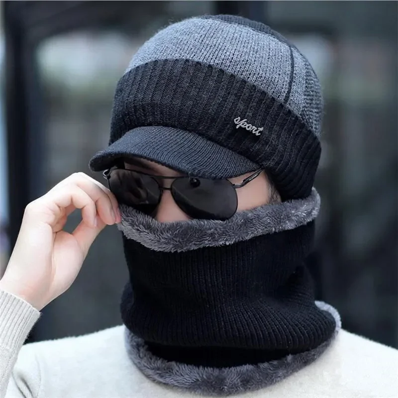 Men Winter Hat Scarf 2 Peice Set Women Man Outdoor Warm Knitted Plush Mix Color Cap Ring Scarves With Brim Knit Visor Male Acces