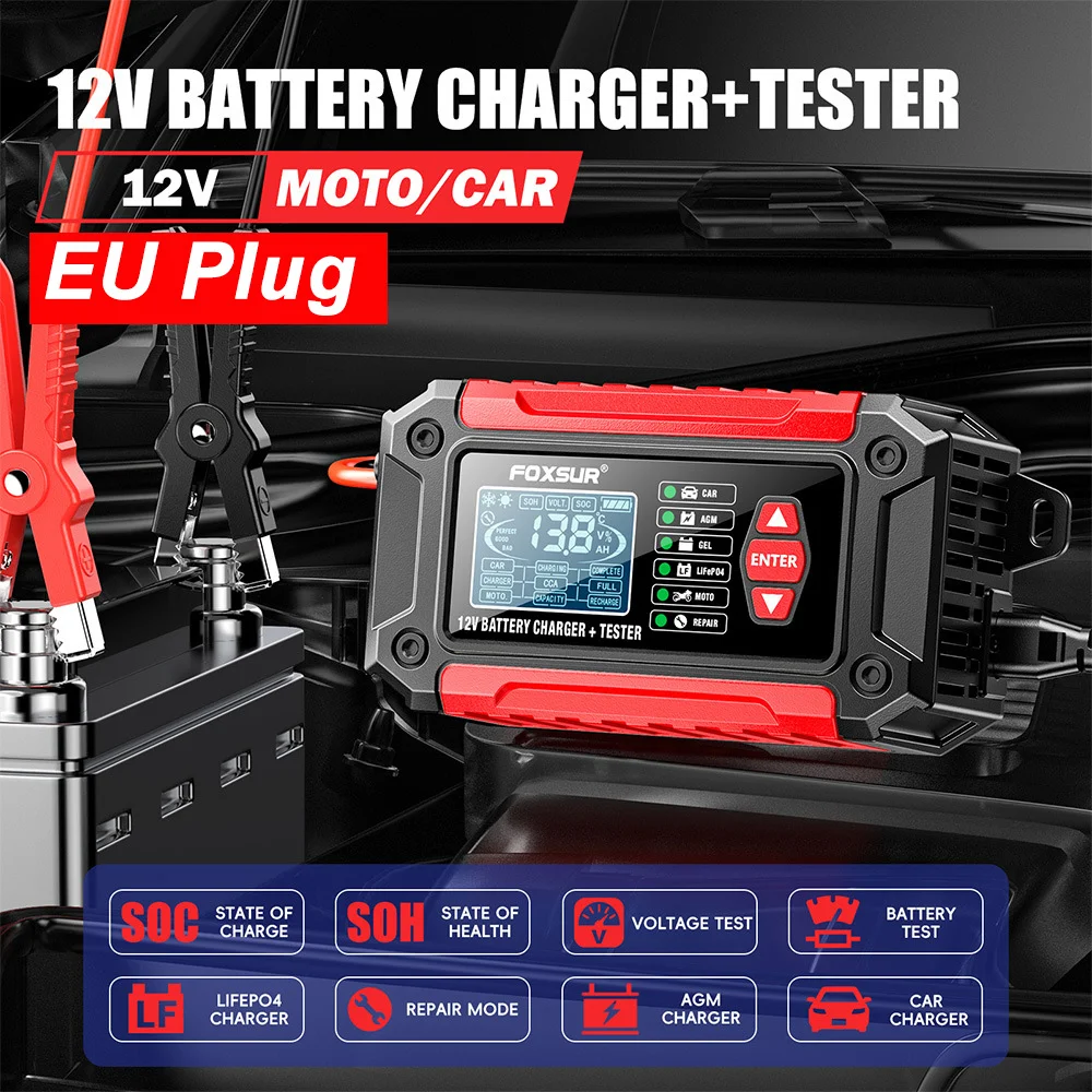 

12V 6A Car Battery Charger 2 In 1 Automotive Battery Maintainer High Accuracy Battery Tester with Pulse Repair for Car Moto AGM