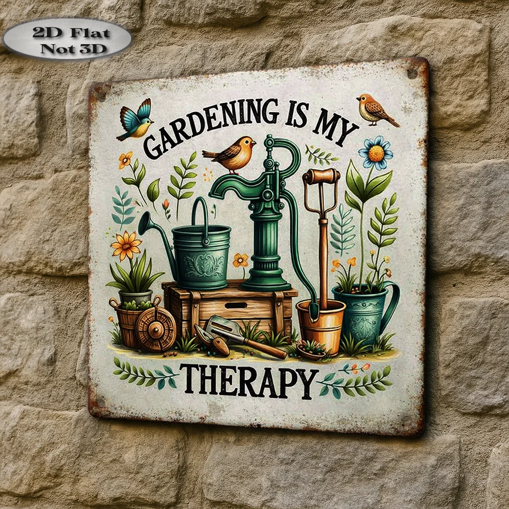 Panneau en métal 2D, décoration murale vintage pour ferme, avec outils de jardinage, oiseaux et fleurs