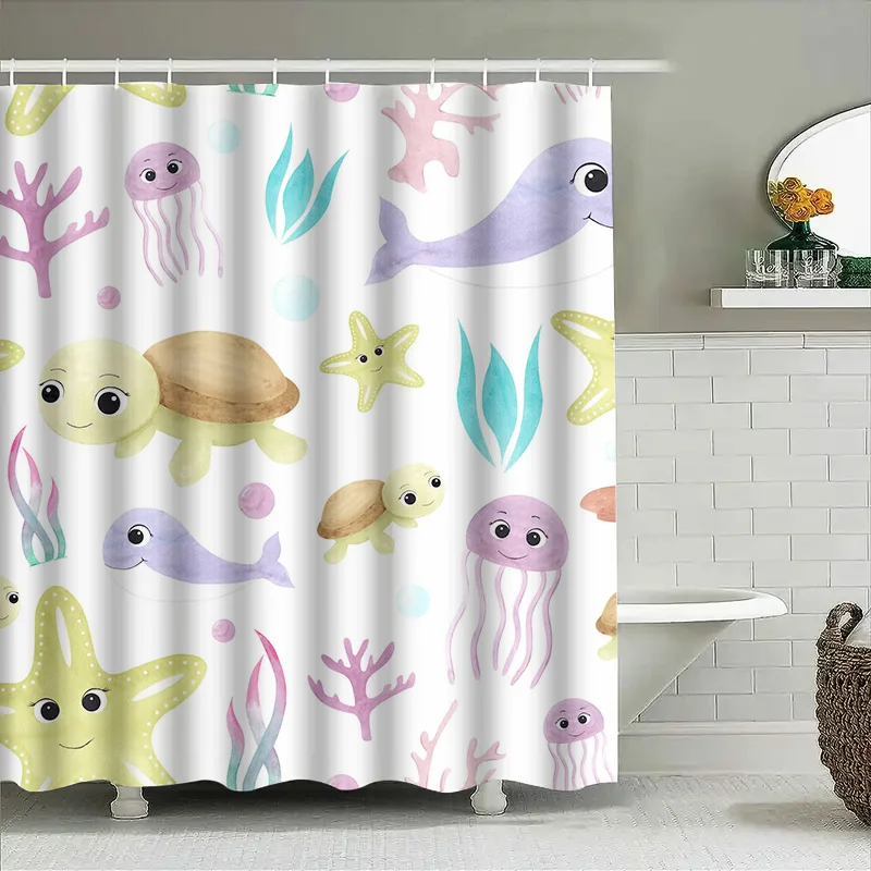 

Bright Whimsical Underwater World Shower Curtain Kids Bathroom Decor with Sea Life Design for Home Bath Accessories