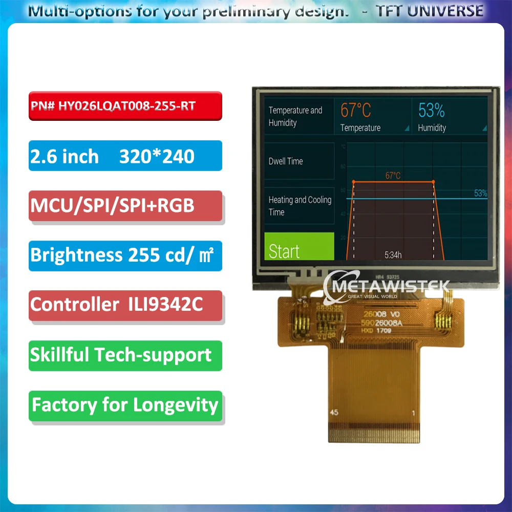 2.6inch 320x240 landscape LCD display Register touch Handheld device MCU/SPI/RGB TN viewing angle ILI9342C Square type display