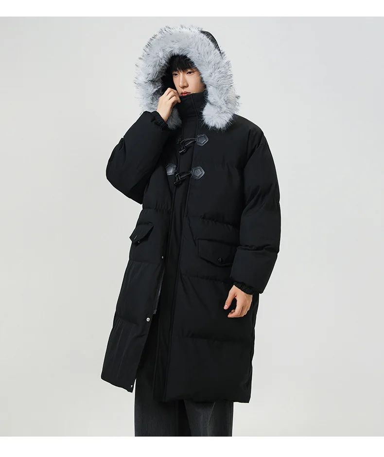 

Новая модная зимняя мужская однотонная повседневная модная свободная простая базовая стеганая куртка с воротником из искусственного меха и капюшоном, мужская парка, одежда