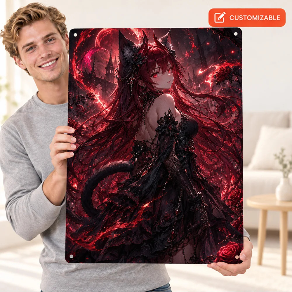Red-Haired Demon Cat Girl Printed Poster Customized Aluminum Metal Sign Dark Fantasy Illustration Wall Art For Reading Corner