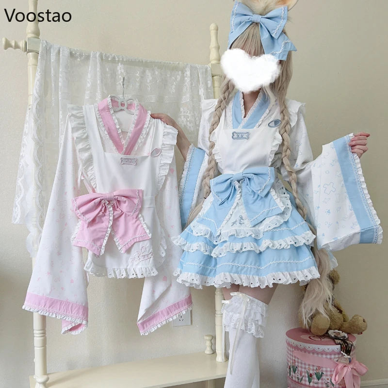 Japanese Kawaii Lolita Mini Dress Women Sweet Cute Embroidery Bow Kimono Cosplay Maid Dresses Harajuku Y2k Apron Lolita Sets