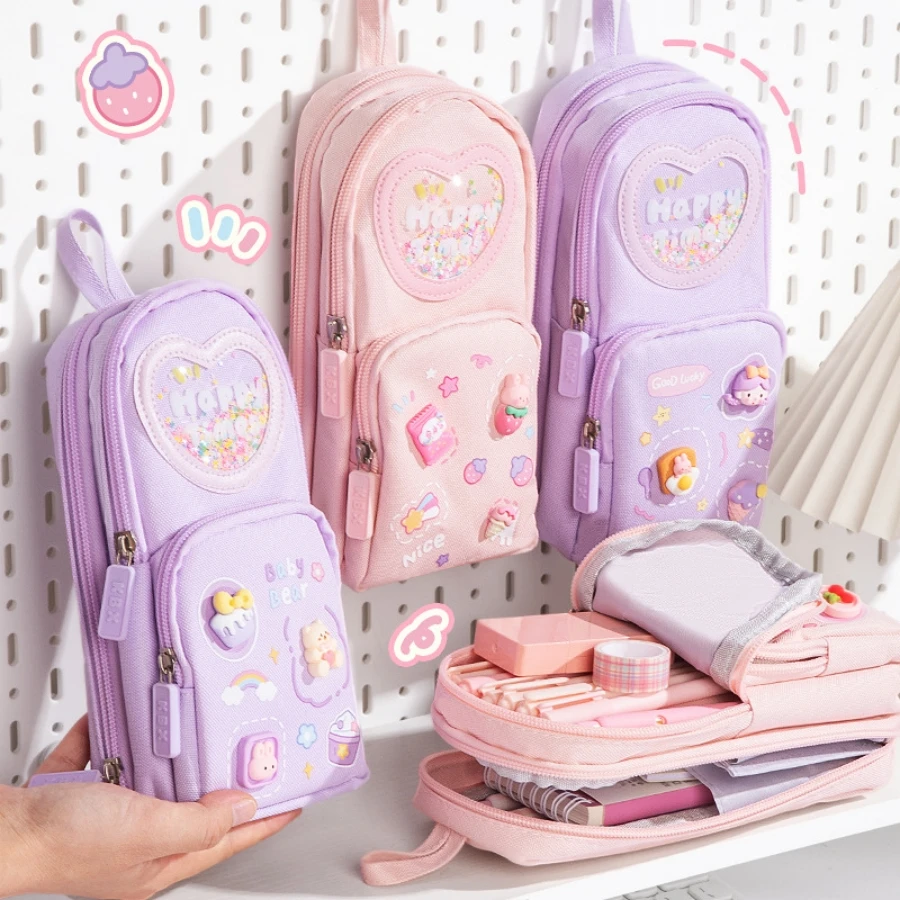 Kawaii 1 piece of multi-layer large-capacity beautiful schoolbag pencil case simple and cute girl stationery pencil case