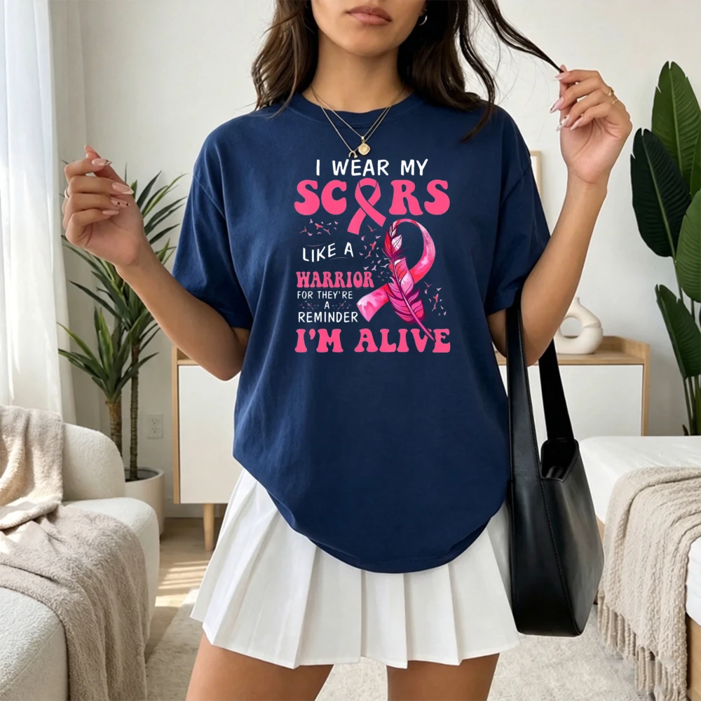 Wear My Scars Like Warrior Feather Ribbon T Shirt Women Breast Cancer Survivor Awareness Gift Inspirational Quote Clothes