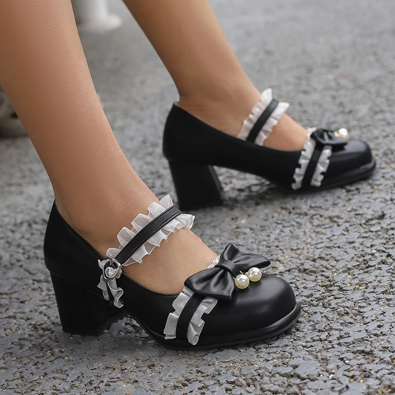 

2024 new spring autumn women pumps plus size 22.5-26.5cm lace bow buckle Lolita shoes cute mary jane thick heel women shoes