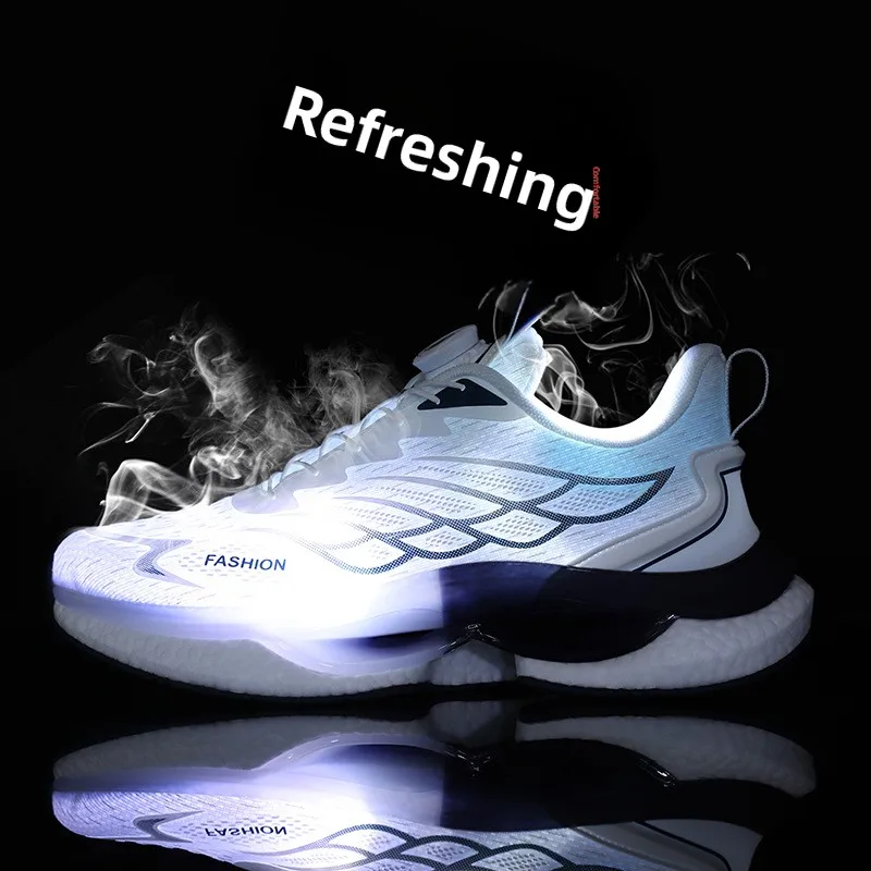 أحذية رياضية رجالية 2025 بزر دوار، أحذية جري شبكية قابلة للتنفس بنعل سميك، امتصاص للصدمات، منخفضة الارتفاع لجميع المواسم