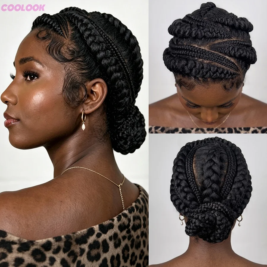 Neu eingetroffene Bantu-Flechtperücken, synthetische Vollspitzen-Cornrow-Box-Braids-Perücken, kleberlose, handgefertigte Low-Bun-Flechtperücken für Damen, 12 Zoll – Detail 3