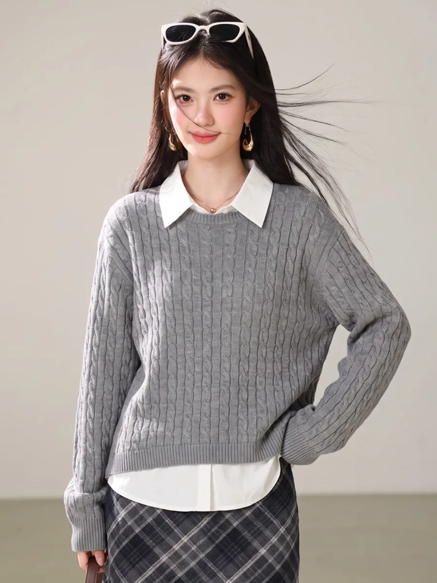 Grey Knitted Sweater Women's Soft Cozy Versatile Top Autumn 2026 New Style Lazy Style Small Size Friendly College Style Regul...
