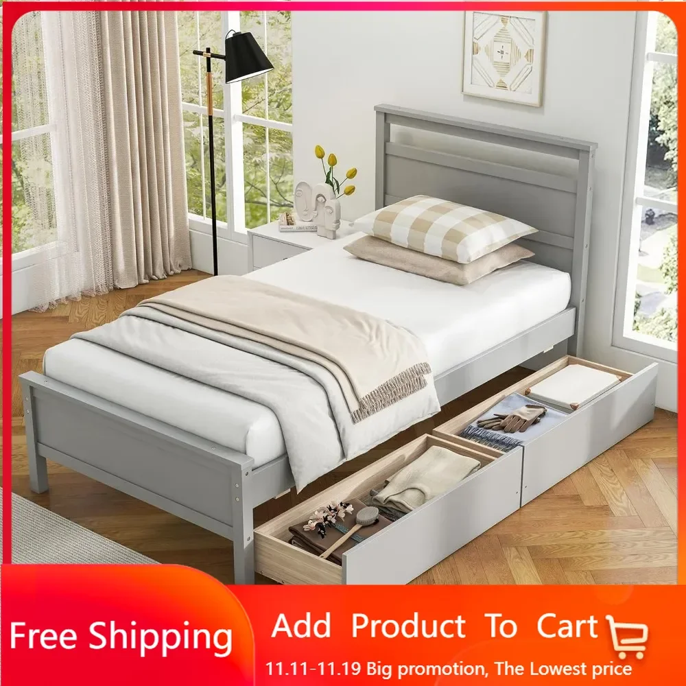 

Twin Size Wood Platform Bed Frame with 2 Storage Drawers, Wood Bed Frame with Headboard & Footboard, Wooden Slat Support