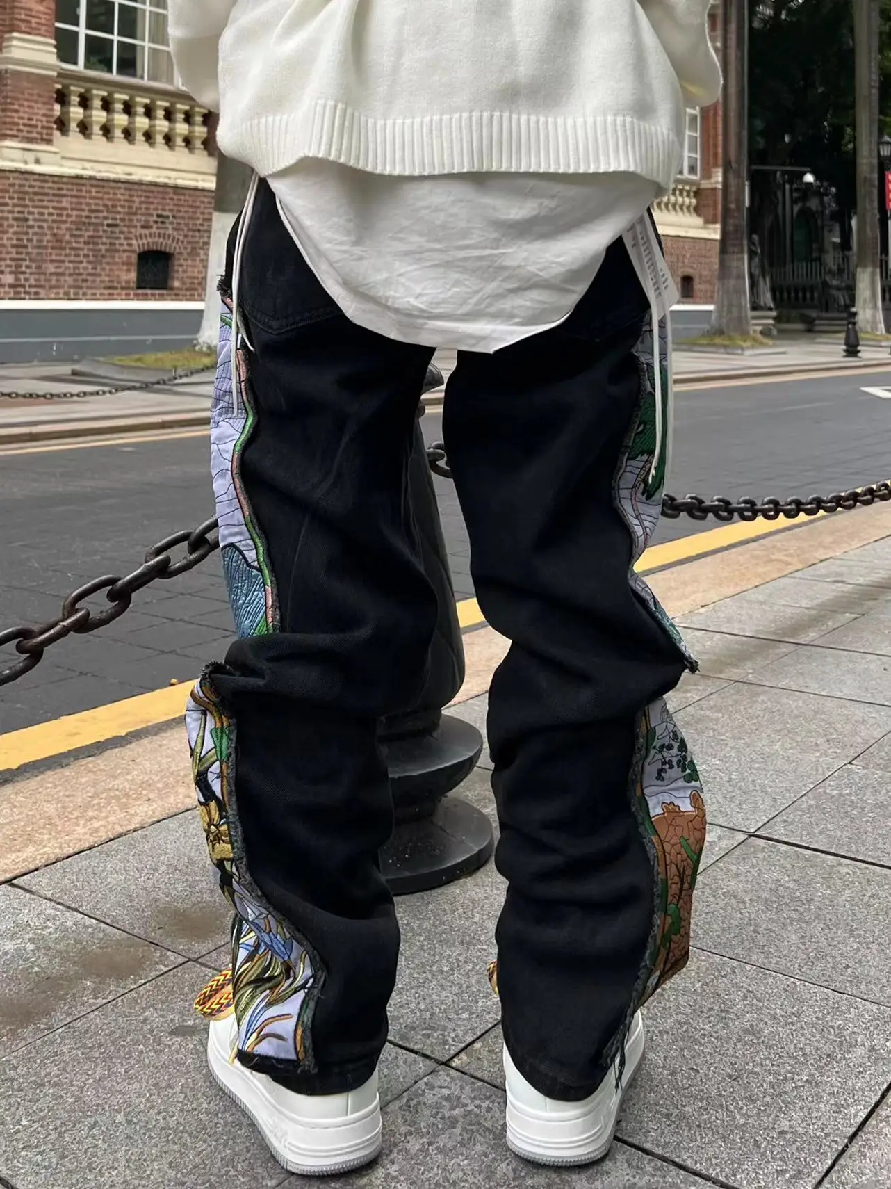 Harajuku Gestickte Patches Gerade Denim Hosen für Männer Hip Hop Gewaschene Jeans Y2k Schwarz Blau Patchwork Zerrissene Jeans Baggy Männer – Detail 15
