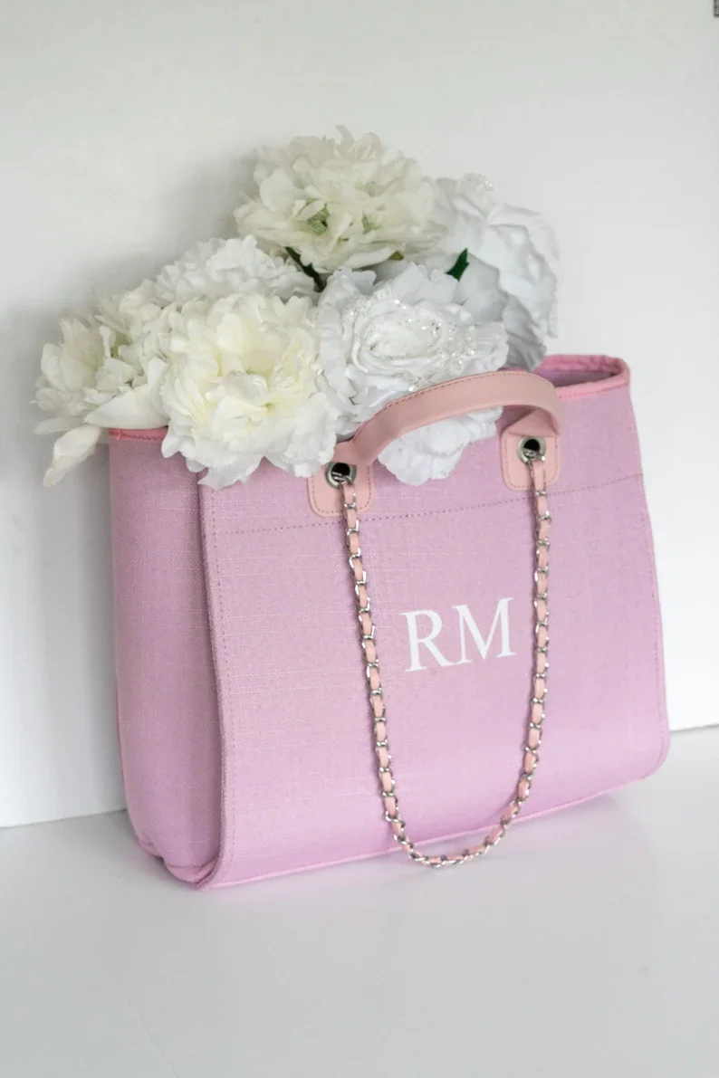 Baby Pink Monogram Canvas Tote Bag nome personalizzato borsa iniziale regalo di compleanno catena Tote Bag borsa da sposa personalizzata