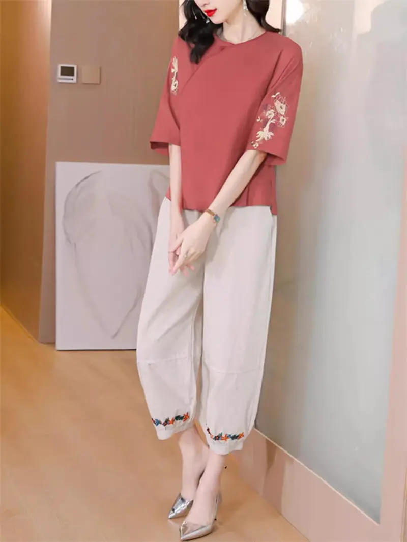 

Ethnic Style Loose Casual Women's Linen Suit Fashion Round Neck Quarter Sleeved Top + Harem Pants Two-Piece Set Outfits K444