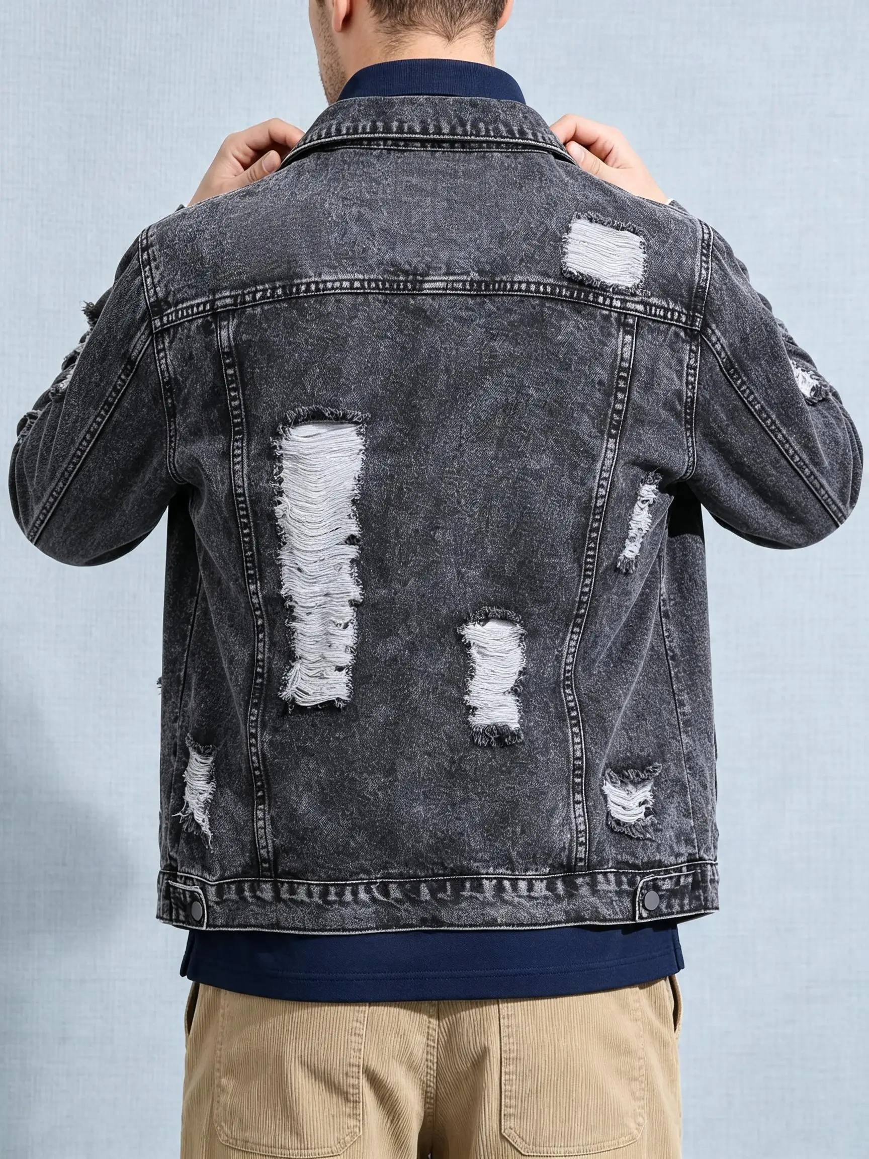 Trendy Ripped Lightweight Denim Jacket, Men's Fashion Street Style Thin Coat, Distressed Casual Wear, Edgy Gift for Lover