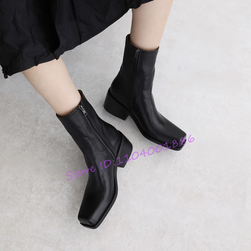 أحذية قصيرة بكعب سميك بمقدمة مربعة للنساء لربيع وخريف موضة جديدة بسحاب جانبي أحذية متوسطة الطول أحذية مريحة في الهواء الطلق #2