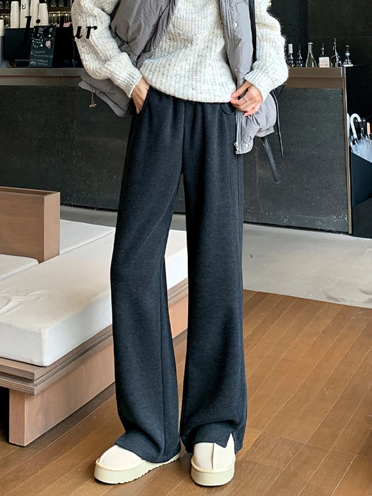 

Solid Color New Fashion Split Simple Straight Female Wide Leg Pants Classic Knitted Casual High Street Autumn Winter Women Pants