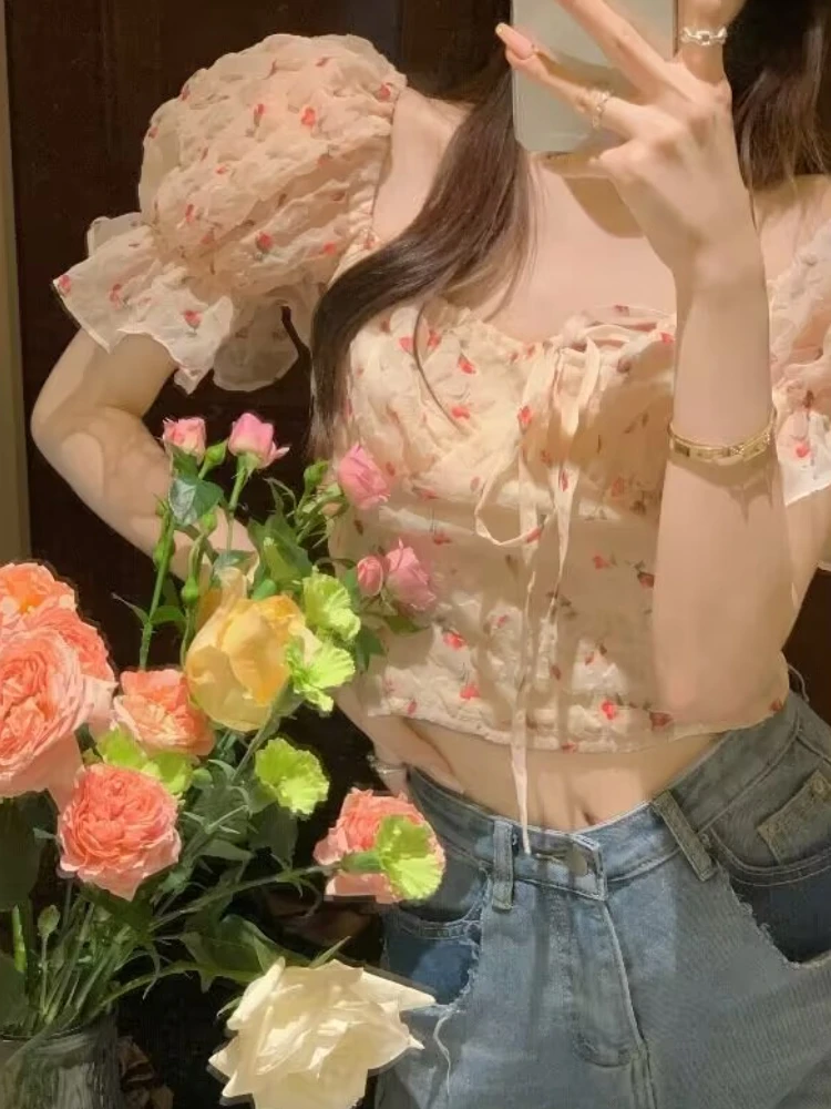 Blouses Women Print Students Daily Slim Summer Casual Kawaii Simple All-match Square Collar Korean Style Elegant Comfortable New