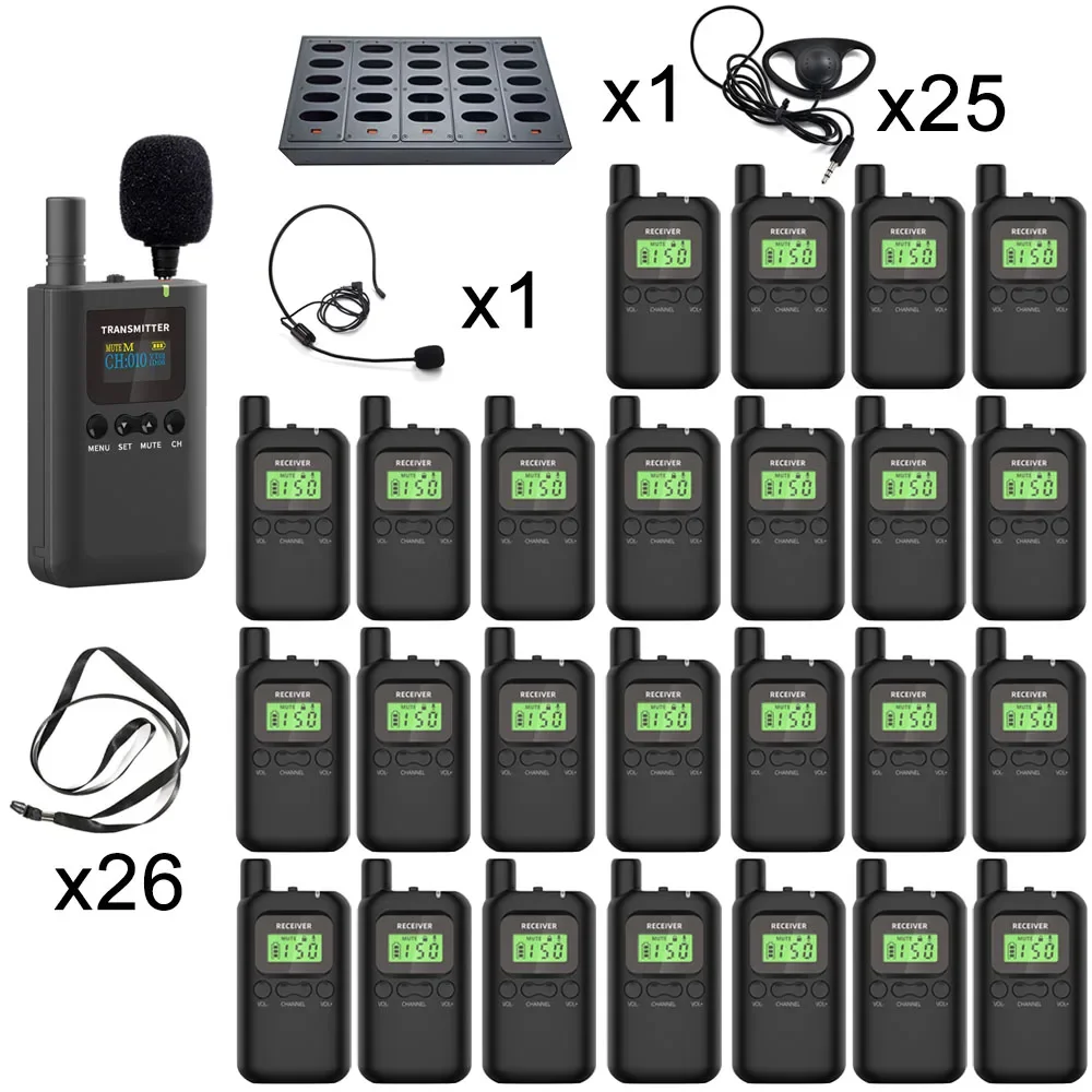 

Wireless Whisper Tour Guide System Simultaneous Interpretation System 1 Transmitter, 25 Receivers And 1 Charger 25 Slots Base