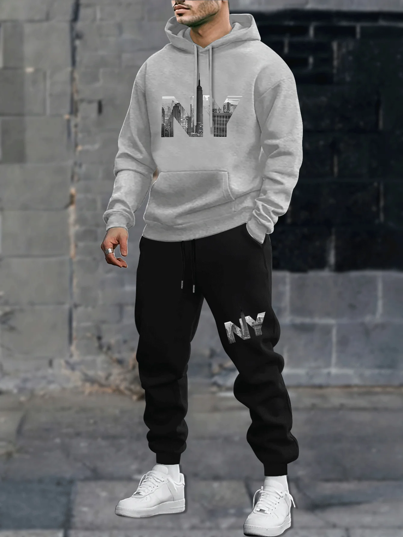 

Мужская осенне-зимняя повседневная модная теплая свободная и плюшевая толстая толстовка с капюшоном и спортивные штаны с принтом Нью-Йорка и зимы