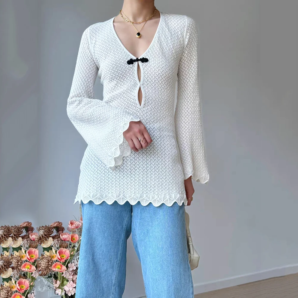 Bawełniana sukienka damska Y2k Chinese Plate Button Hollow Out Weaving Fashion Commuter V-Neck Flared Sleeve Knit Dress 2024 Summer