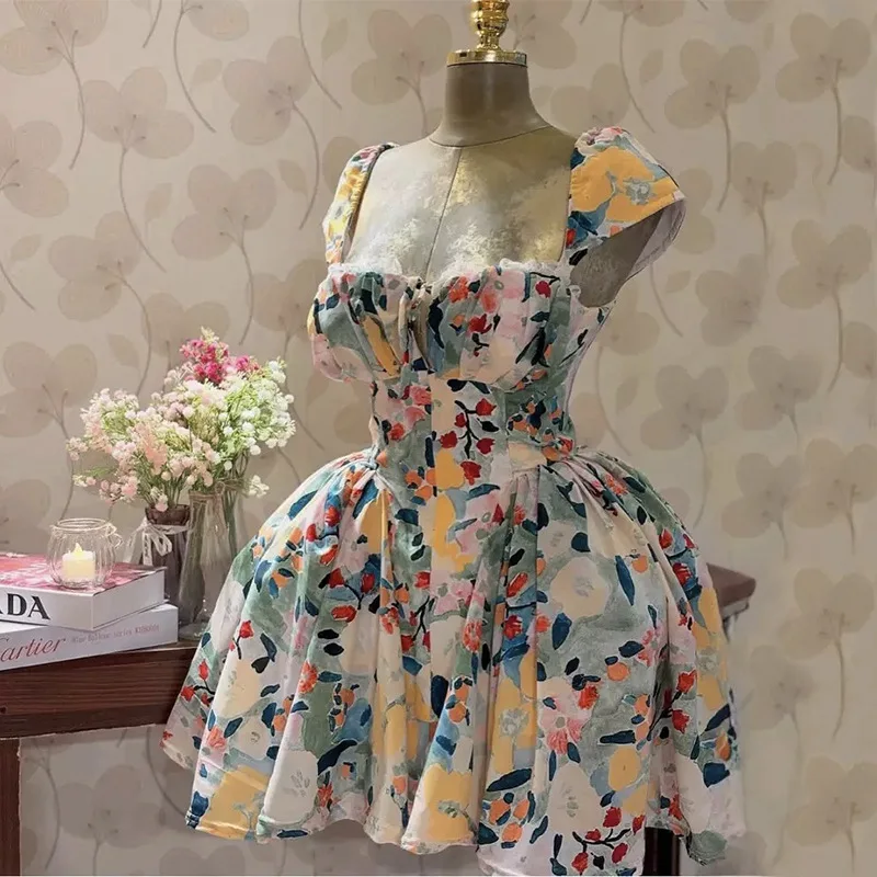 

Elegant Pastoral Style Dress For Women Spring Summer New Sweet Printed High Waist Slim Lace Up Lace A-line Folds Hem Mini Dress
