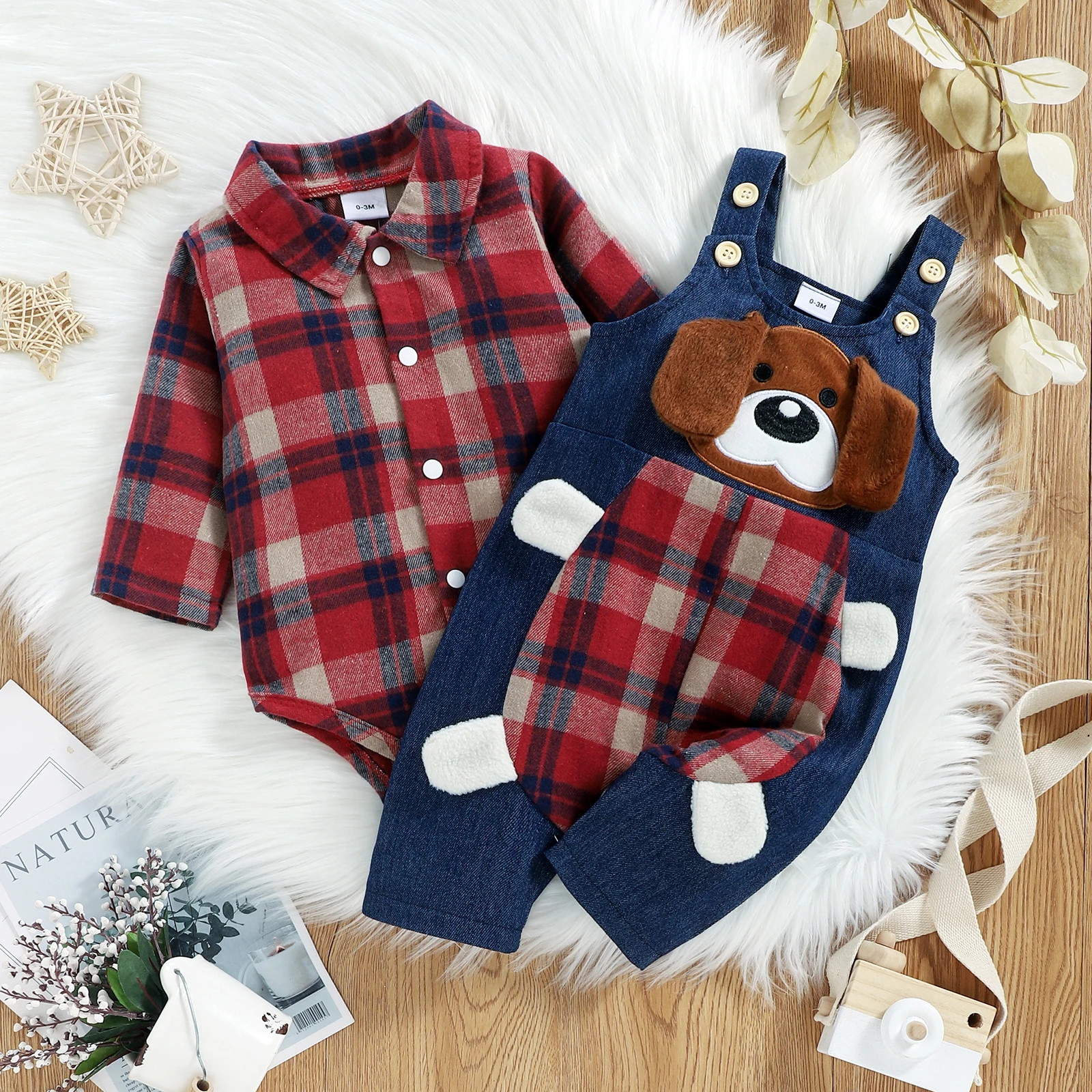 PatPat Christmas 2pcs Baby Red Plaid Long-sleeve Shirt Romper and 100% Cotton Denim Overalls Set