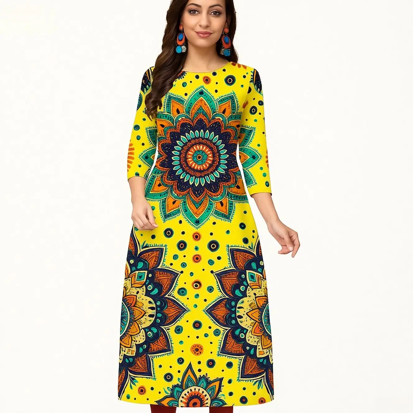 Women's casual, fashionable and comfortable Kurt dress long sleeved straight tube casual ethnic round neck regular size new item