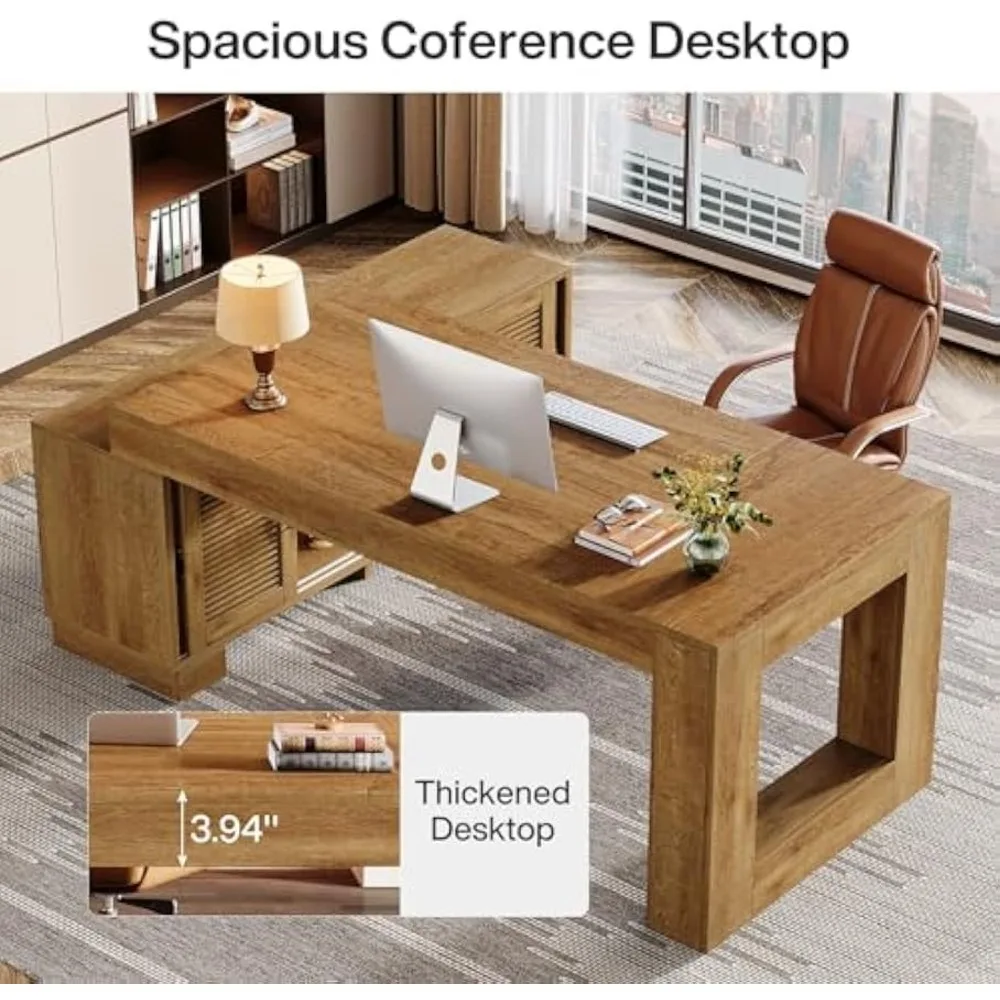 مكتب تنفيذي على شكل حرف L مع خزائن تخزين ورف من طبقتين، أثاث أعمال حديث بسيط مقاس 63 بوصة وكتابة كمبيوتر كبيرة