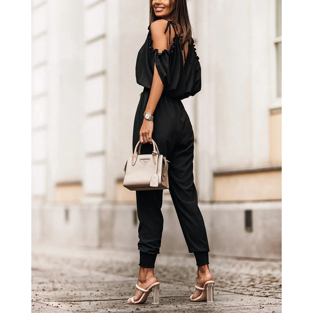 Women New in Cold Shoulder Short Sleeve V-Neck Cuffed Jumpsuit Summer Casual Shirring Ruched Lady Jumpsuit One Piece Clothing