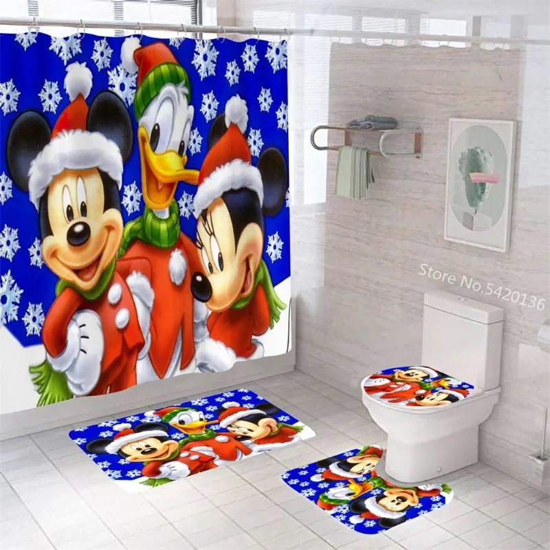 Disney Mickey Minnie Mouse Shower Curtain Carpet Black And White Toilet Cover Bath Mat Rug Pad Set Bathroom