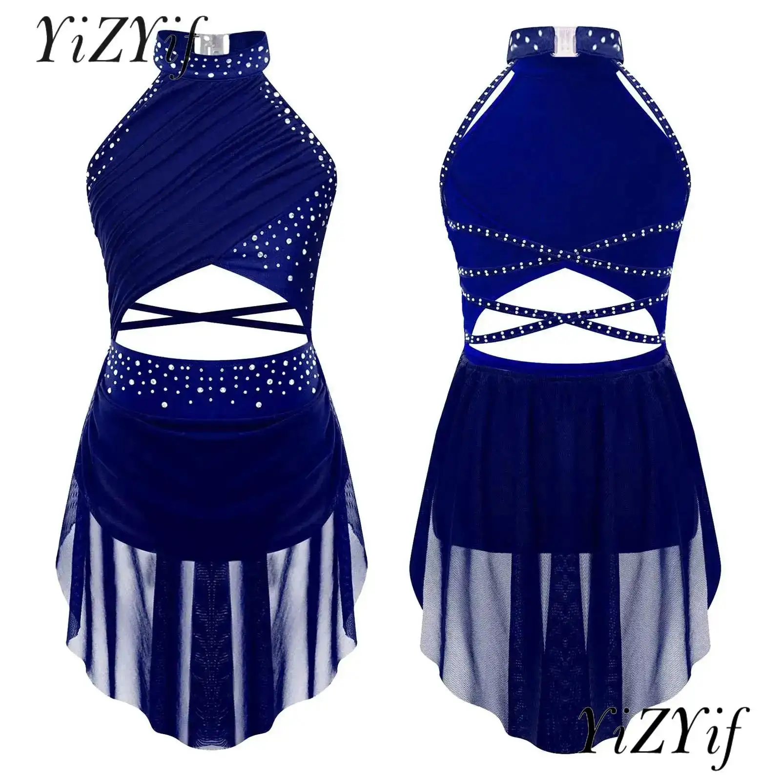 

Girls Figure Ice Skating Dress Gymnastics Ballet Jazz Latin Lyrical Dancing Suit Costume Mesh Overlay Performance Dancewear