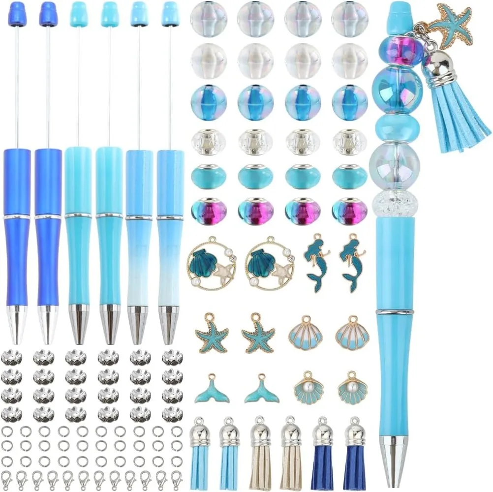 DIY 12 Sets Ocean Theme Beaded Pen Kit Beadable Pens Beads Pen Set Shell Mermaid Beadable Pen Bulk Summer Sea Hawaii Beaded